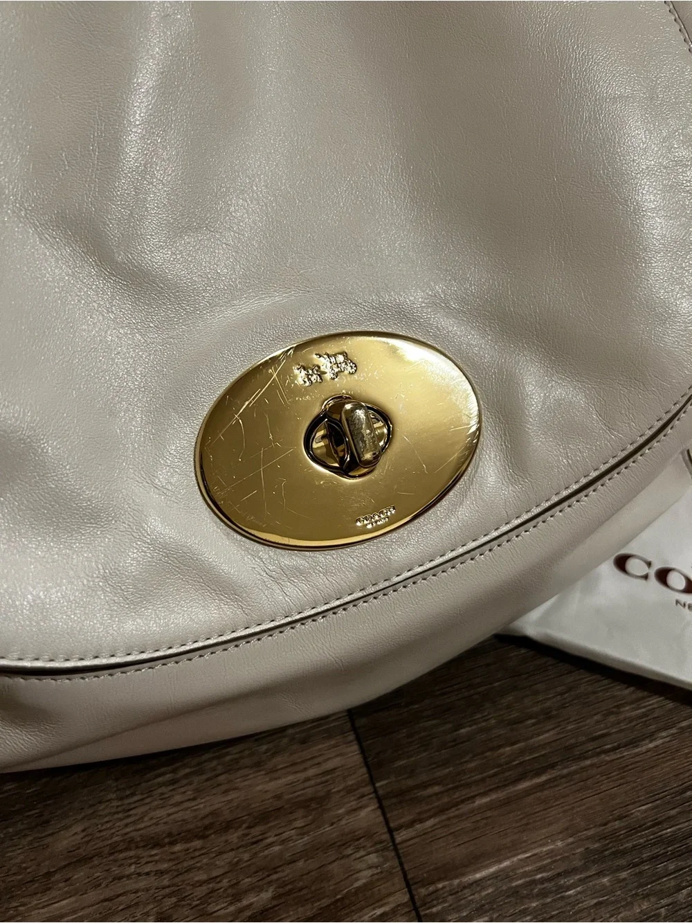 Coach Circle Whiplash Chalk White Leather Hobo Shoulder Bag with Gold Turnlock